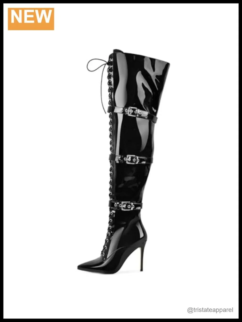 Thigh High Stiletto Boots Pointed Toe Adjustable Laces Metal Buckles Zipper